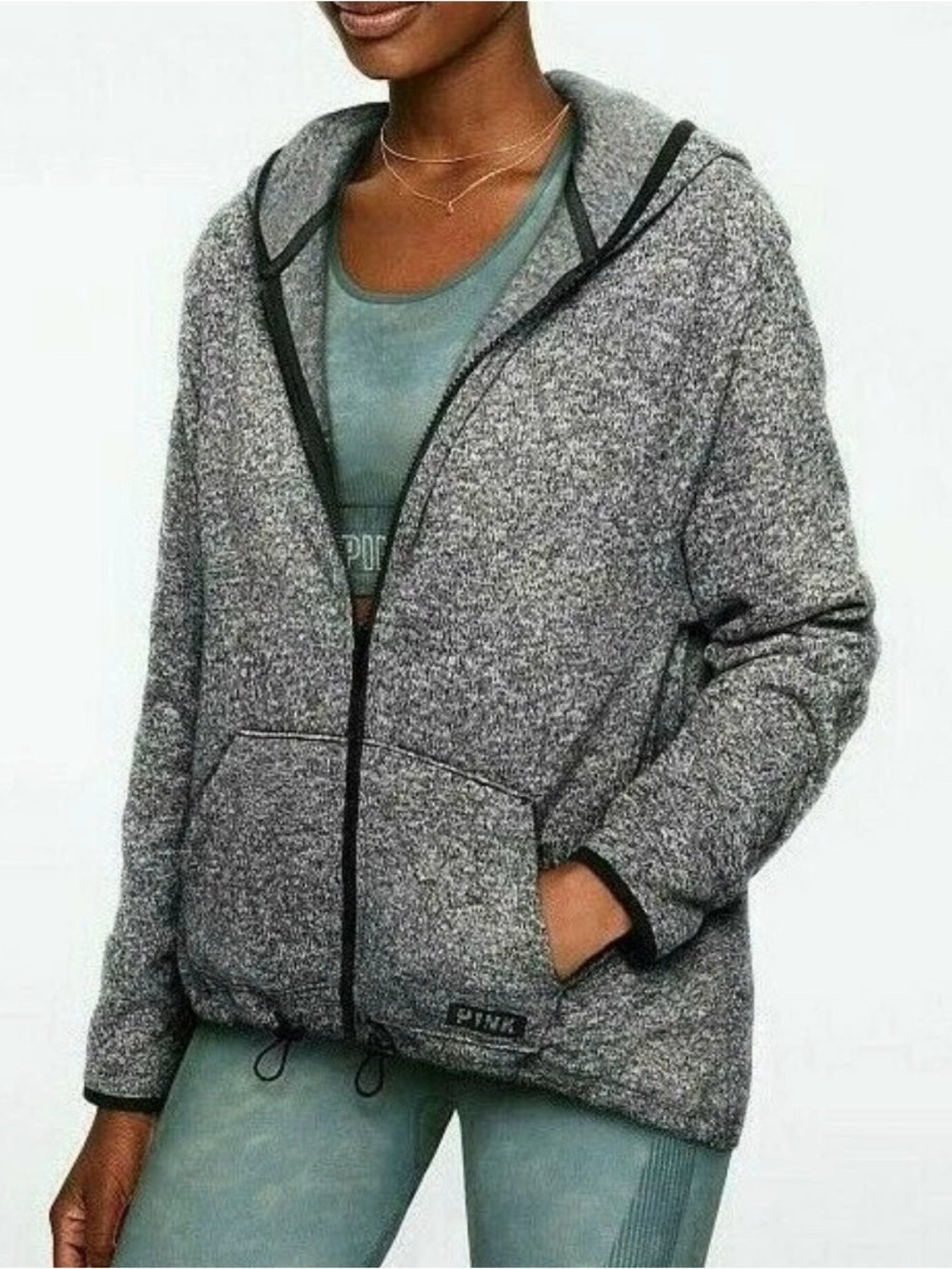 Victoria's Secret PINK Sweater Knit High-Low Full-Zip Hoodie Medium Marl Gray